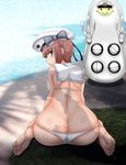  ass bare_legs bare_shoulders beret bikini brown_hair dennou_coil grey_eyes hat highres kantai_collection looking_back non-human_admiral_(kantai_collection) satchii sitting swimsuit tk_(butakuma) wariza white_bikini z3_max_schultz_(kantai_collection) 