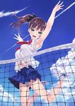  armpits arms_up black_ribbon brown_hair cloud commentary_request day green_eyes highres jumping matsuryuu panties pleated_skirt ponytail ribbon school_uniform see-through shoes side_ponytail skirt sky sneakers solo striped striped_panties sweat thighs underwear volleyball volleyball_net 