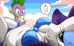  4_fingers anthro bikini blue_eyes breasts clothing day dragon equine eyelashes feral friendship_is_magic green_eyes hair mammal midriff my_little_pony mysticalpha outside purple_hair rarity_(mlp) sky spike_(mlp) swimsuit teeth 