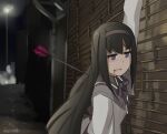  akemi_homura alley arm_up arrow_(projectile) artist_name bangs black_hair black_hairband black_shirt blood blood_from_mouth capelet collared_shirt commentary death dying english_commentary eyebrows_visible_through_hair hair_between_eyes hairband highres injury jitome joji_miller leaning leaning_on_object magical_girl mahou_shoujo_madoka_magica neck_ribbon outdoors pan-ooh parody purple_capelet purple_eyes purple_ribbon ribbon shiny shiny_hair shirt slow_dancing_in_the_dark_(song) tsurime vest wall white_vest wing_collar 