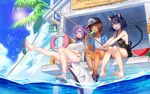  ahoge animal animal_ears aqua_eyes arm_at_side bandaid_on_leg bangs bare_arms bare_legs bare_shoulders barefoot baseball_cap bikini black_hair blue_jacket blue_sky blush bob_cut bottle breasts cat_ears cat_tail ceiling character_request cloud dark_skin day directional_arrow earphones fish fishing fishing_rod flat_chest flip-flops food food_in_mouth from_below fruit hat highres holding holding_food jacket knees_together_feet_apart large_breasts legs lens_flare lifebuoy m10_wolverine_(panzer_waltz) m18_hellcat_(panzer_waltz) multiple_girls ocean outdoors outstretched_leg overalls palm_tree panzer_waltz paw_print popsicle purple_hair reculata sandals see-through shade shirt shoes short_hair short_sleeves side-tie_bikini sitting sky sneakers strap_slip summer sun sweat swimsuit t-shirt tail tree v_arms vashti_bradley water watermelon wet wet_clothes wet_shirt wire 