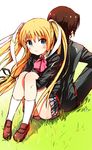  1girl back-to-back blonde_hair blue_eyes brown_hair grass highres little_busters! long_hair naoe_riki natsuoto_rito plaid plaid_skirt school_uniform short_hair skirt tokido_saya 