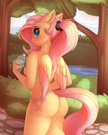  2016 absurd_res anthro anthrofied blush bottle breasts butt equine evehly feathered_wings feathers female fluttershy_(mlp) friendship_is_magic hair hi_res holding_object mammal my_little_pony nude outside pegasus pink_hair solo tree water wings 