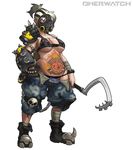  absurdres bandaged_arm bandaged_leg bandages black_bra black_panties bra breasts brown_eyes camouflage camouflage_shorts chain collarbone earrings fingerless_gloves full_body gas_mask genderswap genderswap_(mtf) gloves highres holding hook jewelry large_breasts mask muhut navel overwatch panties plump ponytail roadhog_(overwatch) short_hair shorts simple_background single_glove single_pauldron skull solo spikes standing stomach_tattoo tattoo title_parody underwear white_background white_hair 