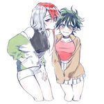  bangs bare_shoulders black_skirt blush boku_no_hero_academia breasts choker closed_mouth collarbone eyelashes freckles genderswap genderswap_(mtf) green_eyes green_hair hair_between_eyes hand_in_pocket hand_on_lap jacket large_breasts legs_together long_sleeves medium_breasts messy_hair midoriya_izuku multicolored_hair multiple_girls off_shoulder open_clothes open_jacket pleated_skirt red_hair shirt short_shorts shorts simple_background skirt sleeveless sleeveless_shirt sleeves_past_wrists smile todoroki_shouto two-tone_hair white_background white_hair white_shorts white_skirt 