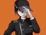  adjusting_clothes adjusting_hat bad_id bad_twitter_id baseball_cap black_hair danganronpa enpitsu_(enpi_tts) gakuran green_eyes hat male_focus new_danganronpa_v3 orange_background saihara_shuuichi school_uniform simple_background solo upper_body 