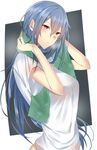  blue_hair blush breasts closed_mouth commentary_request drying drying_hair from_side highres large_breasts long_hair looking_at_viewer looking_to_the_side onineko-chan original red_eyes shirt short_sleeves solo steam t-shirt towel upper_body white_shirt 