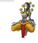  absurdres adapted_costume android breasts closed_eyes fingers_together floating full_body genderswap genderswap_(mtf) highres humanoid_robot medium_breasts muhut omnic orb overwatch pants pelvic_curtain robot simple_background sitting solo title_parody white_background zenyatta_(overwatch) 