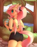  2016 absurd_res anthro anthrofied blush bottle clothed clothing equine evehly feathered_wings feathers female fluttershy_(mlp) friendship_is_magic hair hi_res holding_object mammal my_little_pony outside pegasus pink_hair solo tree water wings 