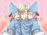  amemiya_saiga bleach blush closed_eyes commentary_request grey_hair group_hug hat hug japanese_clothes long_hair male_focus multiple_boys sougyo_no_kotowari ukitake_juushirou 