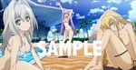  3girls bikini blonde_hair blue_eyes bra breasts claire_harvey earrings emilia_hermit green_eyes hundred kirishima_sakura_(hundred) large_breasts looking_at_viewer multiple_girls necklace panties pink_hair pool sample sideboob sitting sky smile standing topless white_hair wink 