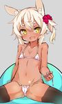  animal_ears bikini black_legwear blush bunny_ears collarbone eyebrows eyebrows_visible_through_hair fang flat_chest looking_at_viewer micro_bikini navel open_mouth original scrunchie short_hair side-tie_bikini side_ponytail simple_background sitting smile solo spread_legs swimsuit thick_eyebrows thighhighs tomcat_(moconeko) white_bikini white_hair yellow_eyes 