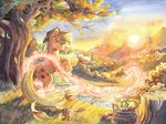  2016 apple applejack_(mlp) blonde_hair cutie_mark day detailed detailed_background equine feral food friendship_is_magic fruit fur grass green_eyes hair hay hooves mammal my_little_pony nude orange_fur outside sky smile standing sun the-wizard-of-art traditional_media_(artwork) tree water 