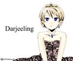  blonde_hair blue_eyes breasts character_name chikomayo cleavage darjeeling earrings girls_und_panzer jewelry necklace pearl_necklace short_hair smile solo tiara v_arms 