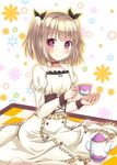  blonde_hair blush choker cup frills hair_ribbon highres iijima_yun lolita_fashion looking_at_viewer new_game! pantyhose picnic purple_eyes ribbon short_hair sitting smile solo teacup teapot two_side_up wariza white_legwear yuuki_miyabi 