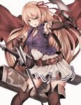  :d arisa_(shadowverse) arrow bad_id bad_twitter_id belt black_gloves blonde_hair bow_(weapon) breasts brooch brown_legwear cape commentary_request cowboy_shot dress elbow_gloves elf gloves green_eyes hair_ribbon hairband huge_weapon inaba_sunimi jewelry long_hair looking_at_viewer neck_ribbon open_mouth over-kneehighs pointy_ears red_cape red_ribbon ribbon shadowverse short_dress sleeveless sleeveless_dress small_breasts smile solo sword thighhighs v-shaped_eyebrows weapon 
