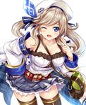  bag bare_shoulders beret blue_eyes breasts brown_hair cleavage cucouroux_(granblue_fantasy) detached_sleeves granblue_fantasy hat hinata_sora large_breasts skirt solo thighhighs 