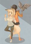  animal_ears back-to-back batta_(kanzume_quality) bird black_hair black_legwear black_skirt blonde_hair blue_eyes bra_strap breasts claw_pose fox_ears fox_girl fox_tail fox_wife_(batta_(kanzume_quality)) glasses hands_up legs legwear_under_shorts long_hair looking_at_viewer medium_breasts multiple_girls off-shoulder_sweater open_mouth orange_footwear orange_sweater original owl pantyhose pantyhose_under_shorts pleated_skirt ponytail shoes short_hair short_hair_with_long_locks short_shorts shorts skirt smile standing standing_on_one_leg sweater tail 