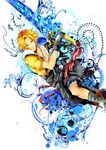  1boy alyssa_(pixiv1037889) asymmetrical_clothes blonde_hair blue_eyes boots brother_sword final_fantasy final_fantasy_x male_focus necklace open_clothes open_shirt smile solo star sword teeth tidus water water_sword 