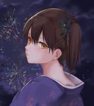  brown_eyes brown_hair closed_mouth commentary expressionless fireworks floral_print flower fukuroumori hair_between_eyes hair_flower hair_ornament highres japanese_clothes kaga_(kantai_collection) kantai_collection kimono looking_at_viewer nape night night_sky short_hair side_ponytail sky solo sweat sweatdrop yukata 