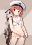  :o anchor ass_visible_through_thighs bag bare_shoulders bikini blush breasts brown_eyes brown_hair clothes_writing commentary_request enemy_naval_mine_(kantai_collection) hat hyuuga_azuri kantai_collection lowleg lowleg_bikini machinery navel rigging sailor_bikini sailor_collar sailor_hat shinkaisei-kan short_hair side-tie_bikini small_breasts smokestack sweatdrop swimsuit tentacles thigh_gap thighs tying white_bikini white_hat z3_max_schultz_(kantai_collection) 