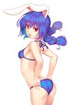 adapted_costume adjusting_clothes adjusting_swimsuit animal_ears arched_back armpits ass bare_arms bare_shoulders bikini blue_bikini blue_hair blush breasts bunny_ears covered_nipples cowboy_shot from_side hair_ribbon halter_top halterneck highres looking_at_viewer looking_to_the_side low_twintails open_mouth red_eyes red_ribbon ribbon seiran_(touhou) small_breasts solo sweat swimsuit touhou tress_ribbon twintails white_background yonaga_(masa07240) 