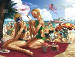  6+girls absurdres alex_(street_fighter) antenna_hair aura azam bandana barefoot beach beach_chair beach_umbrella beard bikini bird birdie_(street_fighter) blue_sky boat braid braiding_hair cake cammy_white chun-li cloud coconut commentary crimson_viper dark_skin day decapre dhalsim everyone f.a.n.g facial_hair feet fire flying food gouki grill grilling hairdressing han_juri highres ibuki_(street_fighter) ice_cream jean-baptiste_nanteau juni kanzuki_karin ken_masters laura_matsuda li-fen mask multiple_boys multiple_girls muscle muscular_female mustache non-web_source ocean outdoors palm_tree rainbow_mika rashid_(street_fighter) sand sean_matsuda siblings sky smile stomach street_fighter street_fighter_v sunglasses swimsuit toes toned tree turban udon_entertainment umbrella urien vega water watercraft zangief 