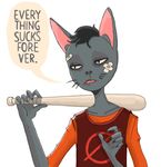  anthro bags_under_eyes bandage baseball_bat black_fur black_hair cat circus-fish clothed clothing dialogue english_text fangs feline female fur hair half-closed_eyes mae_(nitw) mammal night_in_the_woods solo text tomboy whiskers 