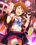  armlet artist_request blue_eyes bracelet brown_hair clothes_around_waist earrings idolmaster idolmaster_million_live! jewelry long_hair microphone midriff necktie official_art one_eye_closed solo sweater_around_waist thighhighs tokoro_megumi wristband 