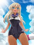  :d ass_visible_through_thighs blonde_hair blue_eyes crop_top flower from_below hair_flower hair_ornament kantai_collection lifebuoy long_hair old_school_swimsuit one-piece_swimsuit one-piece_tan open_mouth ro-500_(kantai_collection) sailor_collar school_swimsuit smile solo standing swimsuit swimsuit_under_clothes tan tanline tokinobutt wet 