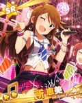  armlet artist_request beamed_eighth_notes blue_eyes bracelet brown_hair character_name clothes_around_waist earrings idolmaster idolmaster_million_live! jewelry long_hair microphone midriff musical_note necktie official_art one_eye_closed signature solo sweater_around_waist thighhighs tokoro_megumi wristband 