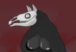  2019 anthro breasts cloak clothing digital_media_(artwork) equine falschokant female folklore horse humanoid mammal mari_lwyd nipples no_pupils simple_background skull solo teeth 