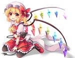  \||/ absurdres ascot black_legwear blonde_hair bow commentary_request crystal eyebrows eyebrows_visible_through_hair flandre_scarlet full_body hair_bow hat highres laevatein looking_at_viewer mob_cap orange_eyes pantyhose puffy_short_sleeves puffy_sleeves red_footwear red_skirt red_vest ruhika shadow shoes short_sleeves side_ponytail simple_background sitting skirt solo touhou vest wariza white_background white_bow white_hat wings wrist_cuffs 