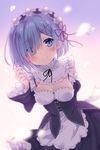  apron bad_id bad_pixiv_id black_ribbon blue_eyes blue_hair blush breasts cleavage detached_sleeves eyes_visible_through_hair frilled_sleeves frills hair_ornament hair_over_one_eye hair_ribbon kanora maid maid_headdress petals pink_ribbon re:zero_kara_hajimeru_isekai_seikatsu rem_(re:zero) ribbon ribbon_trim short_hair small_breasts smile solo underbust x_hair_ornament 