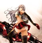  alisa_ilinichina_amiella armpits ass black_footwear black_gloves black_hair black_legwear blue_eyes boots breasts elbow_gloves fingerless_gloves gloves god_eater god_eater_2:_rage_burst gun hat holding holding_weapon large_breasts long_hair looking_at_viewer navel panties silver_hair simple_background skirt solo suspender_skirt suspenders thigh_boots thighhighs underboob underwear weapon white_panties yukiomi_haku 