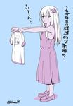  blonde_hair blue_background brown_eyes commentary_request dress flower gym_shirt hair_flower hair_ornament hikawa79 holding_shirt kantai_collection long_hair looking_at_viewer ro-500_(kantai_collection) shirt shoes sketch sleeveless sleeveless_dress solo tan translated 