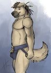  bulge canine clothed clothing dog floppy_ears hufnaar jockstrap looking_at_viewer male mammal pinup pose seductive sketch smile solo topless underwear 