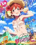  artist_request beamed_eighth_notes bikini blue_eyes character_name earrings faceless faceless_male flower hair_flower hair_ornament hat idolmaster idolmaster_million_live! jewelry julia_(idolmaster) midriff musical_note necklace official_art red_hair sarong sarong_lift scrunchie short_hair signature solo_focus straw_hat swimsuit wrist_scrunchie 