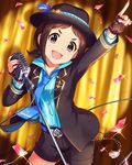  artist_request belt black_hat black_legwear black_shorts brown_eyes brown_hair confetti fingerless_gloves gloves hat idolmaster idolmaster_cinderella_girls low_twintails microphone microphone_stand muramatsu_sakura nail_polish necktie official_art short_twintails shorts smile solo twintails vintage_microphone 