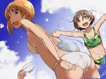  adjusting_clothes adjusting_swimsuit akiyama_yukari ass ball bangs beachball bikini breasts camouflage camouflage_bikini cloud cloudy_sky cup daitoutei day dutch_angle girls_und_panzer green_bikini holding looking_at_viewer looking_back looking_down medium_breasts multiple_girls nishizumi_miho open_mouth out_of_frame sky smile splashing standing swimsuit teacup wading wet wet_clothes wet_hair wet_swimsuit white_bikini 