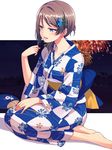  alternate_hairstyle barefoot blue_eyes brown_hair checkered checkered_kimono fan fireworks floral_print flower hair_flower hair_ornament half-closed_eyes hand_on_lap highres holding holding_fan japanese_clothes kimono love_live! love_live!_school_idol_festival love_live!_sunshine!! nanotsuki obi open_mouth paper_fan sash sitting smile solo uchiwa watanabe_you yokozuwari yukata 