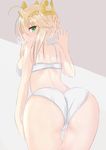  artoria_pendragon_(all) artoria_pendragon_(lancer) ass bare_shoulders bra breasts breath crown fate/grand_order fate/stay_night fate_(series) green_eyes highres kesoshirou looking_at_viewer looking_back medium_breasts panties solo thigh_gap thighs underwear underwear_only white_bra white_panties 
