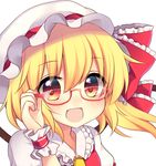  :d adjusting_eyewear bespectacled blonde_hair blush bow commentary eyebrows eyebrows_visible_through_hair flandre_scarlet glasses hair_between_eyes hair_bow hat highres looking_at_viewer mob_cap open_mouth orange_eyes portrait puffy_sleeves red-framed_eyewear red_bow ruhika semi-rimless_eyewear side_ponytail simple_background smile solo touhou under-rim_eyewear white_background white_hat wings wrist_cuffs 