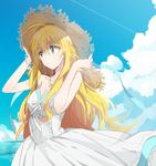  ahoge bad_id bad_pixiv_id bare_shoulders blonde_hair breasts cleavage cloud collarbone day dress eunram green_eyes hair_between_eyes hands_on_headwear hat hoshii_miki idolmaster idolmaster_(classic) jewelry long_hair medium_breasts necklace outdoors sky solo straw_hat sundress water white_dress wind 
