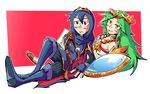  blush commentary fire_emblem fire_emblem:_kakusei green_eyes green_hair kid_icarus kid_icarus_uprising long_hair lucina lying multiple_girls palutena setz super_smash_bros. 