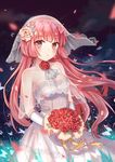  bare_shoulders blush bouquet breasts bride choker closed_mouth cowboy_shot dress expressionless flower girls_frontline hair_flower hair_ornament highres long_hair looking_at_viewer medium_breasts ntw-20_(girls_frontline) pink_eyes pink_hair red_flower red_rose rose see-through shawl solo veil very_long_hair wedding_dress white_dress wind wind_lift yuhuan 