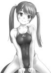  1girl breasts collarbone commentary_request competition_swimsuit covered_navel erect_nipples highres long_hair mizuno monochrome one-piece_swimsuit original sitting small_breasts smile solo straddling swimsuit tk4 twintails 