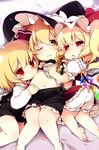  3girls barefoot blonde_hair child closed_mouth eyebrows eyebrows_visible_through_hair fang feet flandre_scarlet hat kirisame_marisa looking_at_viewer lying matatabi_(nigatsu) multiple_girls navel on_back one_eye_closed open_mouth rumia shiny shirt shirt_lift smile touhou vampire wings younger 