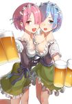  ;) alcohol alternate_costume beer beer_mug blue_eyes blue_hair breast_press breasts cleavage cup dirndl german_clothes green_skirt hair_over_one_eye hairband highres holding holding_cup kitazawa_(embers) medium_breasts multiple_girls one_eye_closed ram_(re:zero) re:zero_kara_hajimeru_isekai_seikatsu red_eyes red_hair rem_(re:zero) short_hair siblings sisters skirt smile symmetrical_docking twins waitress 