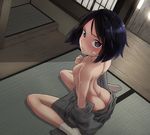  arched_back ass back bandage_on_face black_hair blush brave_witches breasts hand_on_own_chest indoors kanno_naoe liar_lawyer looking_at_viewer nipples off_shoulder partially_undressed purple_eyes short_hair shouji sitting sliding_doors small_breasts socks solo tatami undressing wariza white_legwear world_witches_series 